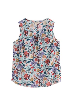 Blouse sans manches avec un fond bleu pastel et un imprimé floral multicolore, présentant un col en V avec un petit nœud noué à l'avant.