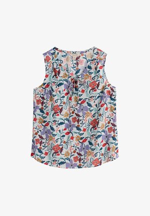 Bluza bez rukava s pastelnoplavom pozadinom i višebojnim cvjetnim uzorkom, s V-izrezom i malom mašnom vezanom sprijeda.