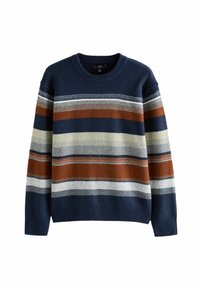 Striped sweater with navy base and bands of rust, grey, cream, and white. Knit texture with a crew neck and ribbed hem.