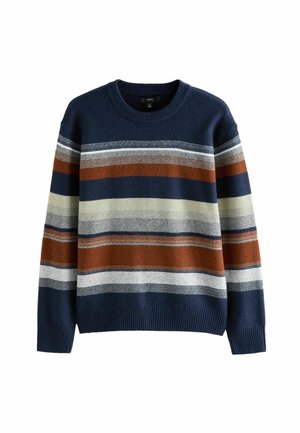 Stribet sweater med navy bund og striber i rust, grå, creme og hvid. Strikket tekstur med rund hals og ribkant.