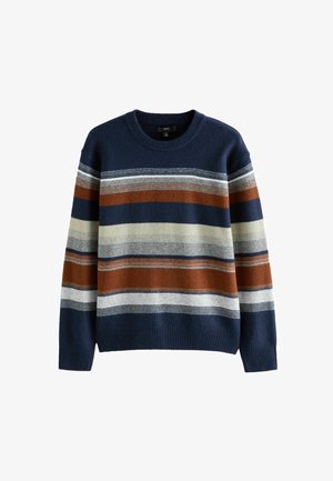 Prúžkovaný sveter s námorníckou základnou a pásmi hrdzavej, šedej, krémovej a bielej. Pletená textúra s okrúhlym výstrihom a rebrovaným lemom.