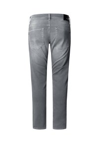 Jeans de denim gris con un diseño de pierna recta, que cuentan con dos bolsillos traseros y una etiqueta en la cinturilla. Textura suave con mínimas decoloraciones.
