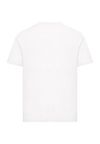 White cotton t-shirt, short sleeves, crew neck, soft texture, standard fit, no visible patterns or accents on the back.