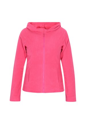 Fleece hoodie i lys pink med fuld lynlås, hætte, lange ærmer og sidelommer. Blød tekstur og enkelt design.