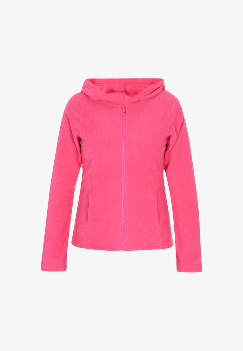 Fleece mikina v jasně růžové barvě, s plným zipem, kapucí, dlouhými rukávy a bočními kapsami. Měkká textura a jednoduchý design.