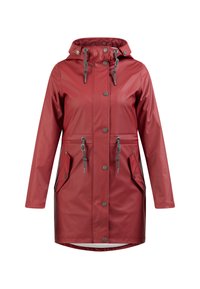 Red waterproof raincoat with a hood, gray drawstrings, snap buttons, two front pockets, and a mid-length design. Smooth, shiny texture.