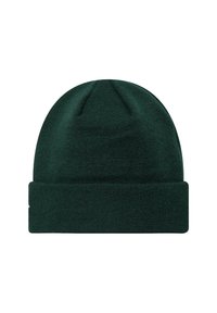 Bonnet tricoté vert avec un revers, fabriqué à partir d'un matériau doux et texturé. Présente un design de couronne sans couture pour un ajustement parfait.