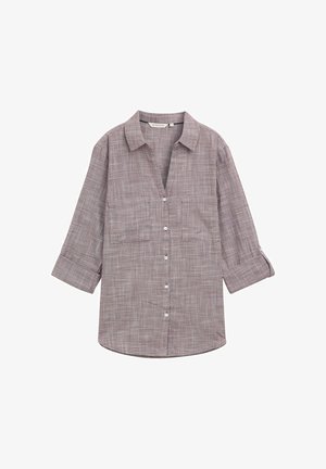 Long-sleeve button-up shirt with a small checkered pattern in muted purple and white, featuring two chest pockets and rolled cuffs.