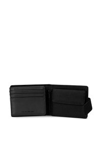 Black wallet made of textured fabric and smooth leather, featuring multiple card slots, a zippered compartment, and a snap closure.