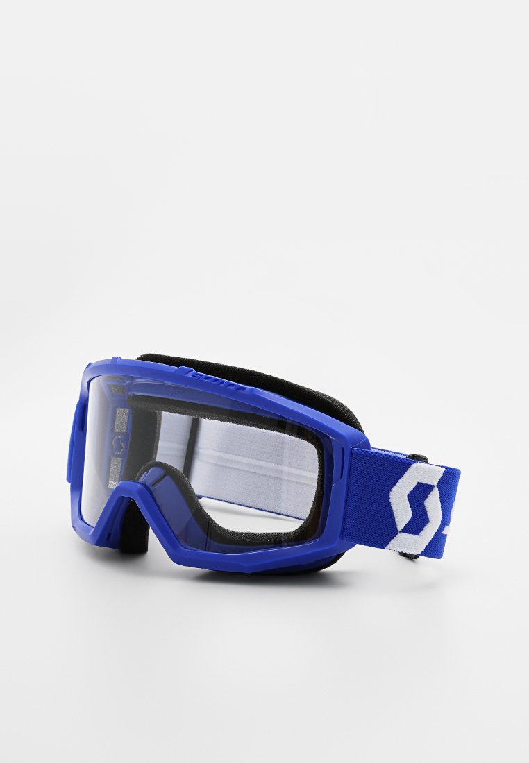 Blaue Skibrillen mit einem robusten Kunststoffrahmen, klarem Glas und einer dicken schwarzen Schaumstoffauskleidung. Verfügt über einen verstellbaren elastischen Riemen mit weißen Akzenten.