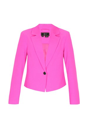 Leuchtend pinkes Damenblazer mit langen Ärmeln, einzelner schwarzer Knopfleiste und Reverskragen mit Ausschnitt.