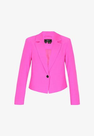 Leuchtend pinkes Damenblazer mit langen Ärmeln, einzelner schwarzer Knopfleiste und Reverskragen mit Ausschnitt.