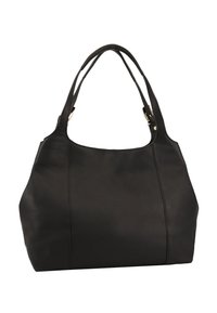 Sac fourre-tout en cuir noir avec deux poignées, de forme arrondie, texture lisse et détails cousus sur les côtés. Accents en métal doré.