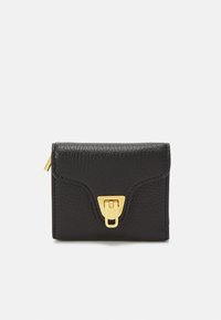 Black leather wallet with a textured finish. Features a gold hardware clasp and subtle curved accents on the front. Compact design.