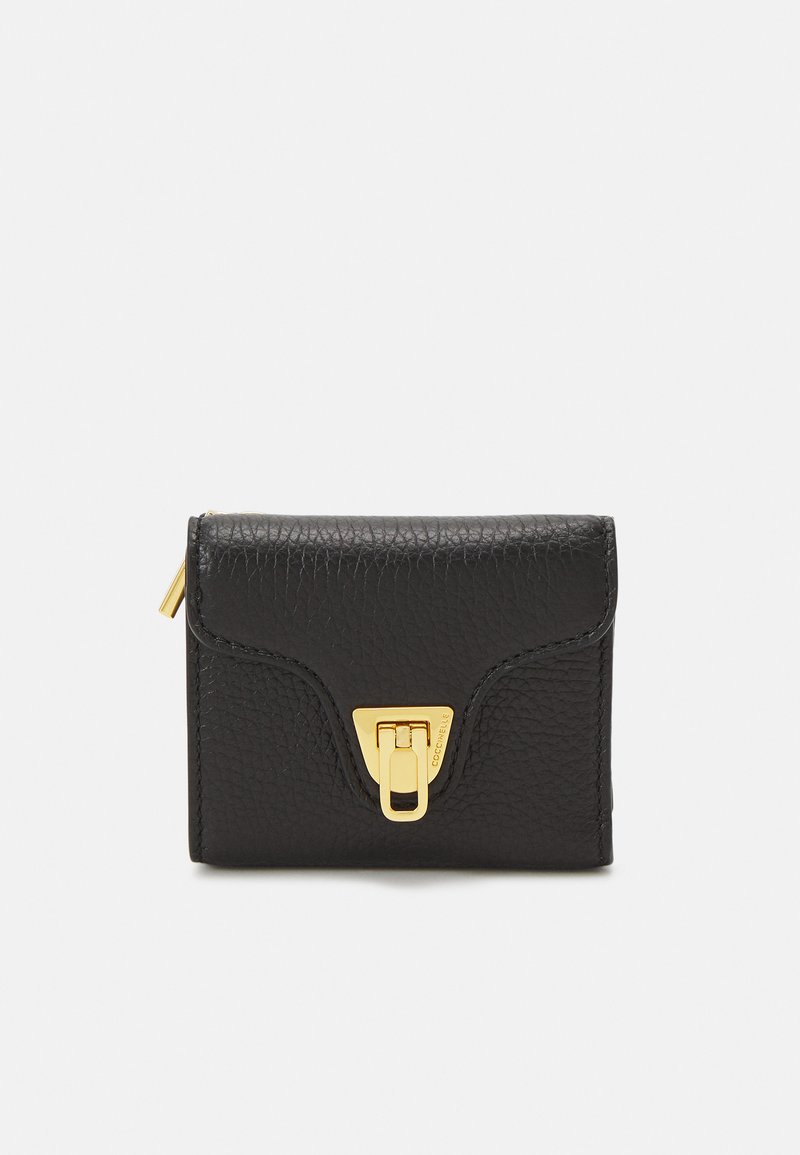 Black leather wallet with a textured finish. Features a gold hardware clasp and subtle curved accents on the front. Compact design.