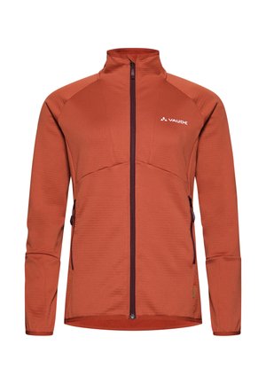 Giacca atletica da uomo Vaude, arancione scuro, con zip frontale, tessuto strutturato, design aderente, maniche lunghe, due tasche laterali con cerniera.