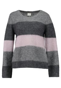 Grau-rosa gestreifter Pullover aus weichem, flauschigem Material; mit rundem Ausschnitt und langen Ärmeln in lockerer Passform.