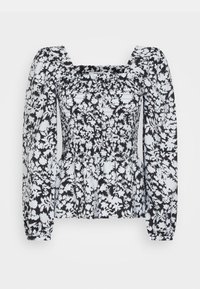 Blusa floral preta e branca com decote quadrado, corpete franzido e mangas longas e volumosas. Tecido suave e leve.