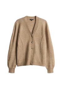 Cardigan beige con scollo a V, cinque bottoni, polsini a coste e motivo lavorato a maglia testurizzato. Caratterizzato da una vestibilità comoda e dettagli nelle cuciture laterali.