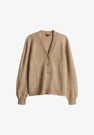 Cardigan beige con scollo a V, cinque bottoni, polsini a coste e motivo lavorato a maglia testurizzato. Caratterizzato da una vestibilità comoda e dettagli nelle cuciture laterali.