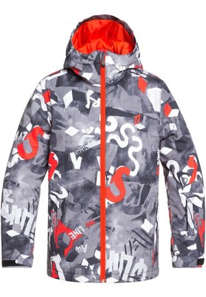 Grau-schwarze gemusterte Jacke mit roten Akzenten, einem Frontreißverschluss, verstellbarer Kapuze und einer Mischung aus geometrischen und abstrakten Designs.