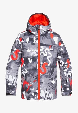 Veste à motifs gris et noir avec des accents rouges, une fermeture éclair à l'avant, une capuche ajustable, et un mélange de designs géométriques et abstraits.