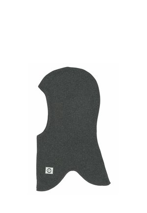 Cagoule tricotée gris foncé avec un bord inférieur fendu et une petite étiquette de marque rectangulaire blanche près de l'ourlet.