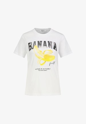 White T-shirt with a peeled yellow banana graphic and text "BANANA fruit. eat fruits & stay healthy! Visit fruit market."