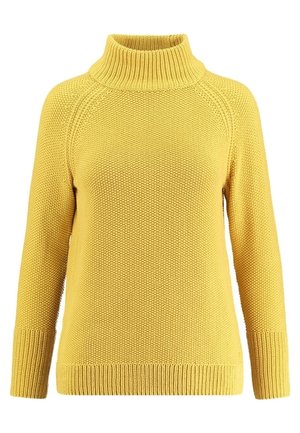 Gul strikket sweater med høj ribbet krave, lange ærmer og struktureret strikkemønster over hele kroppen og manchetterne.