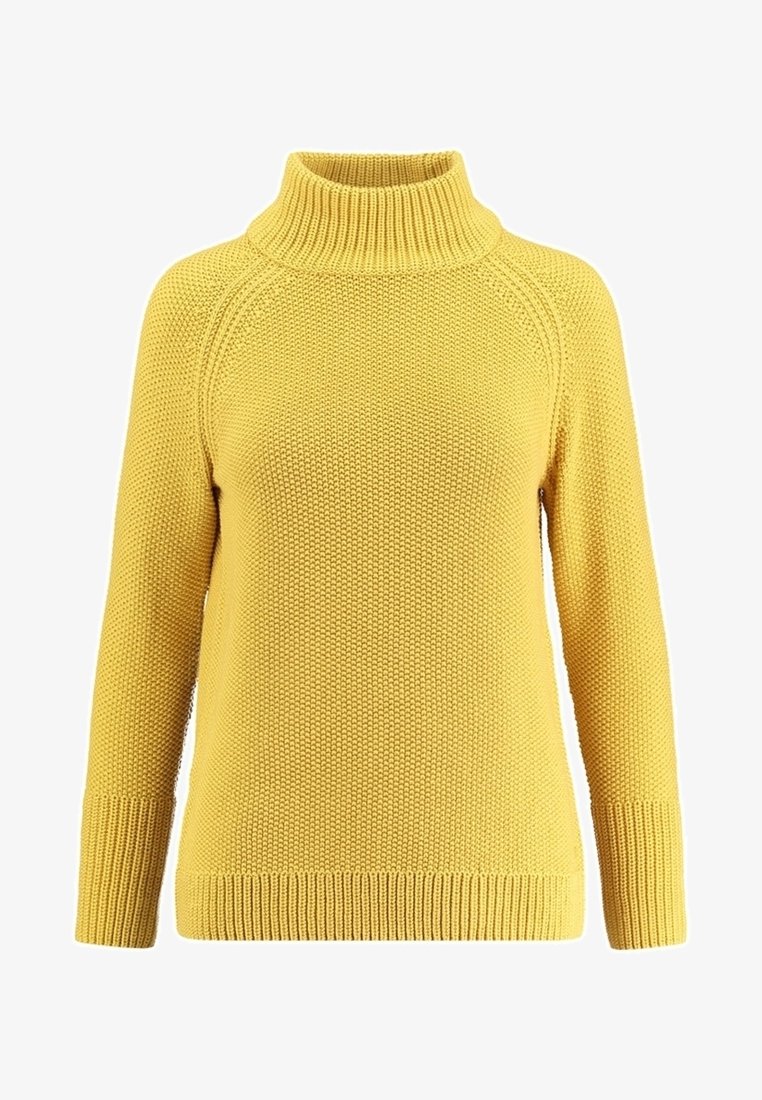Pull jaune en maille avec un col montant côtelé, des manches longues et un motif en maille texturé sur tout le corps et les poignets.