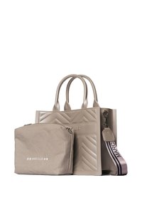 Borsa tote beige con texture e design a zigzag trapuntato, dotata di due manici e tracolla staccabile. Include una pochette beige coordinata.