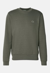 Sweat-shirt vert olive à col rond en tissu doux. Il présente un col et des poignets côtelés, ainsi qu'un petit logo blanc sur la poitrine.