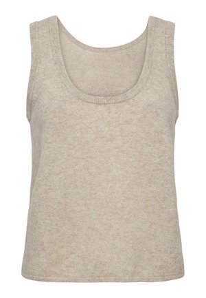 Béžové tielko z mäkkej tkaniny s výstrihom do U a širokými ramienkami. Textúra je hladká s jemným škvrnitým vzorom.