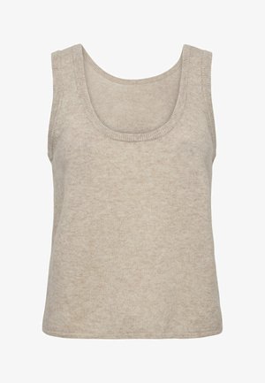 Beige tanktop gemaakt van zachte stof, met een ronde halslijn en brede schouderbanden. De textuur is glad met een subtiel gespikkeld patroon.