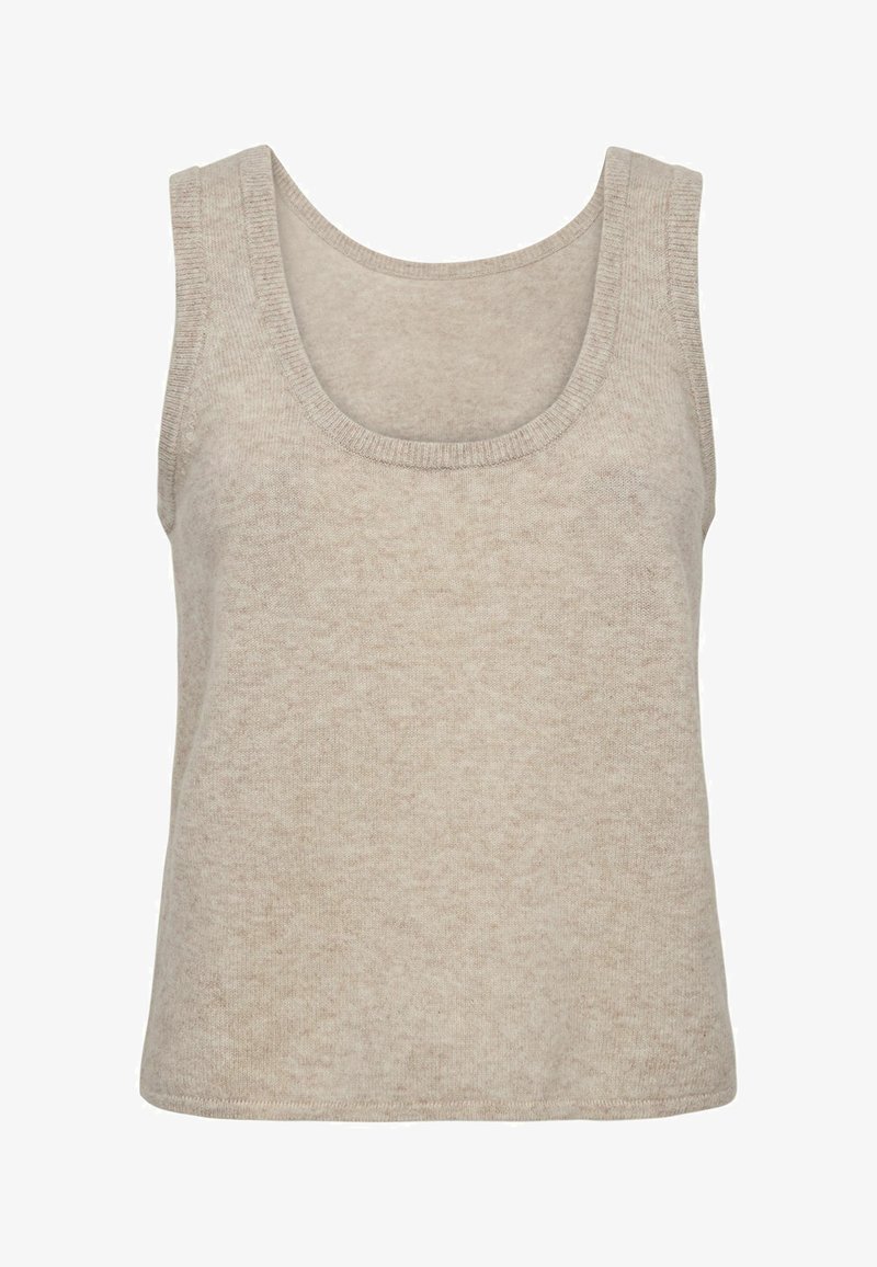 Smėlio spalvos marškinėliai be rankovių, pagaminti iš minkštos medžiagos, su apvalia iškirpte ir plačiomis petnešėlėmis. Tekstūra lygi, su subtiliu taškuotu raštu.