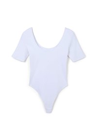 Body bianco a maniche corte con scollo profondo e aperture alte sulle gambe, realizzato in un tessuto liscio ed elastico. Senza motivi o decorazioni visibili.
