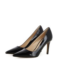 Pumps neri con tacco alto, finitura lucida in vernice, design a punta e interno beige. Il sottile tacco a stiletto aggiunge altezza.