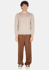 Maglione a maglia beige con motivo a rombi, abbinato a pantaloni larghi marroni. Il modello indossa sneakers bianche con dettagli neri.