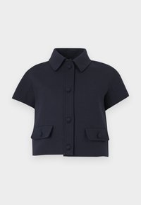 Μπλε κοντομάνικο cropped σακάκι με μυτερό γιακά, κλείσιμο μπροστά με κουμπιά και δύο τσέπες με καπάκια και κουμπιά.