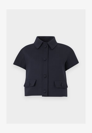 Veste courte bleu marine à manches courtes avec col pointu, fermeture boutonnée à l'avant et deux poches à rabat avec boutons.