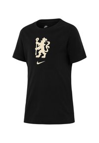 Zwarte katoenen t-shirt met korte mouwen, voorzien van een grote crèmekleurige leeuwafbeelding en een klein Nike-logo op de borst. Ronde halslijn en een standaard pasvorm.