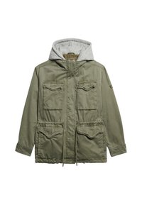 Olivgrön jacka med grå huva, som har två framfickor, dragsko i midjan och dragkedjestängning. Blandad bomullstyg, avslappnad design.