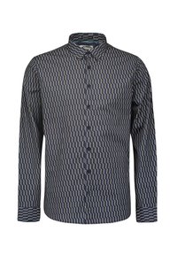 Langarmshirt van marineblauwe stof met een geometrisch patroon in het wit en geel. Knoopsluiting aan de voorkant met een klassieke kraag en een getailleerde pasvorm.