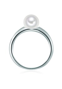 Anillo de plata con una banda lisa y una prominente perla blanca colocada en la parte superior, que presenta un diseño elegante y minimalista.