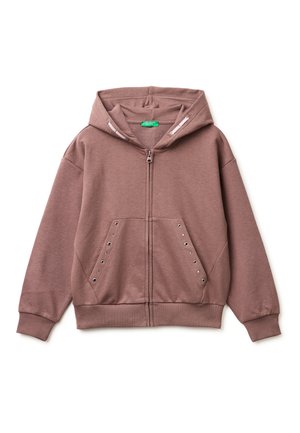 Fliederfarbener Kapuzenpullover mit Reißverschluss, vorderen Taschen mit Metallösen, gerippten Bündchen und Saum sowie einer angesetzten Kapuze mit Kordelzug.