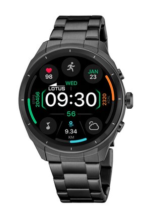 Schwarze Smartwatch aus Metall, die 09:30 Uhr anzeigt am Mittwoch, den 23. Januar, 20.456 Schritte, 98 Herzfrequenz, 2.320 Kalorien und 9,34 km Distanz.