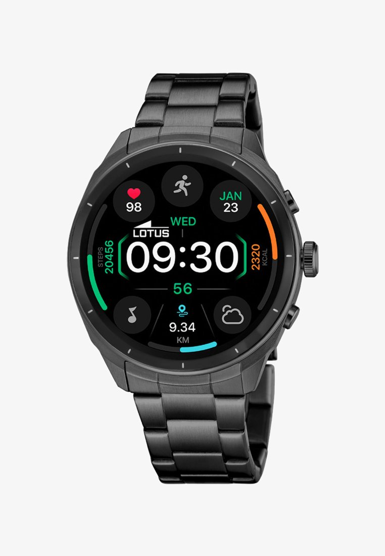 Sort metal smart watch, der viser 09:30 på onsdag den 23. januar, 20.456 skridt, 98 i puls, 2.320 kalorier og 9,34 km distance.