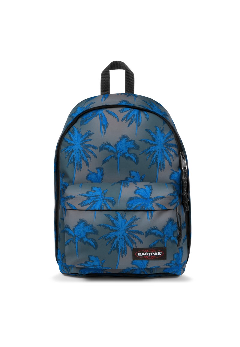 Zaino grande realizzato in tessuto grigio con un motivo di palme blu. Presenta una tasca frontale con zip e una maniglia superiore. Logo del marchio visibile sul davanti.