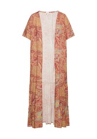Lang åben-front kimono med korte ærmer, der har et rødt paisley-mønster på en gul baggrund og en kontrasterende ensfarvet indvendig foer.