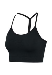 Czarny stanik sportowy wykonany z gładkiego, elastycznego materiału, z cienkimi ramiączkami i teksturowanym wzorem logo z przodu. Krótki krój z szerokim pasem.